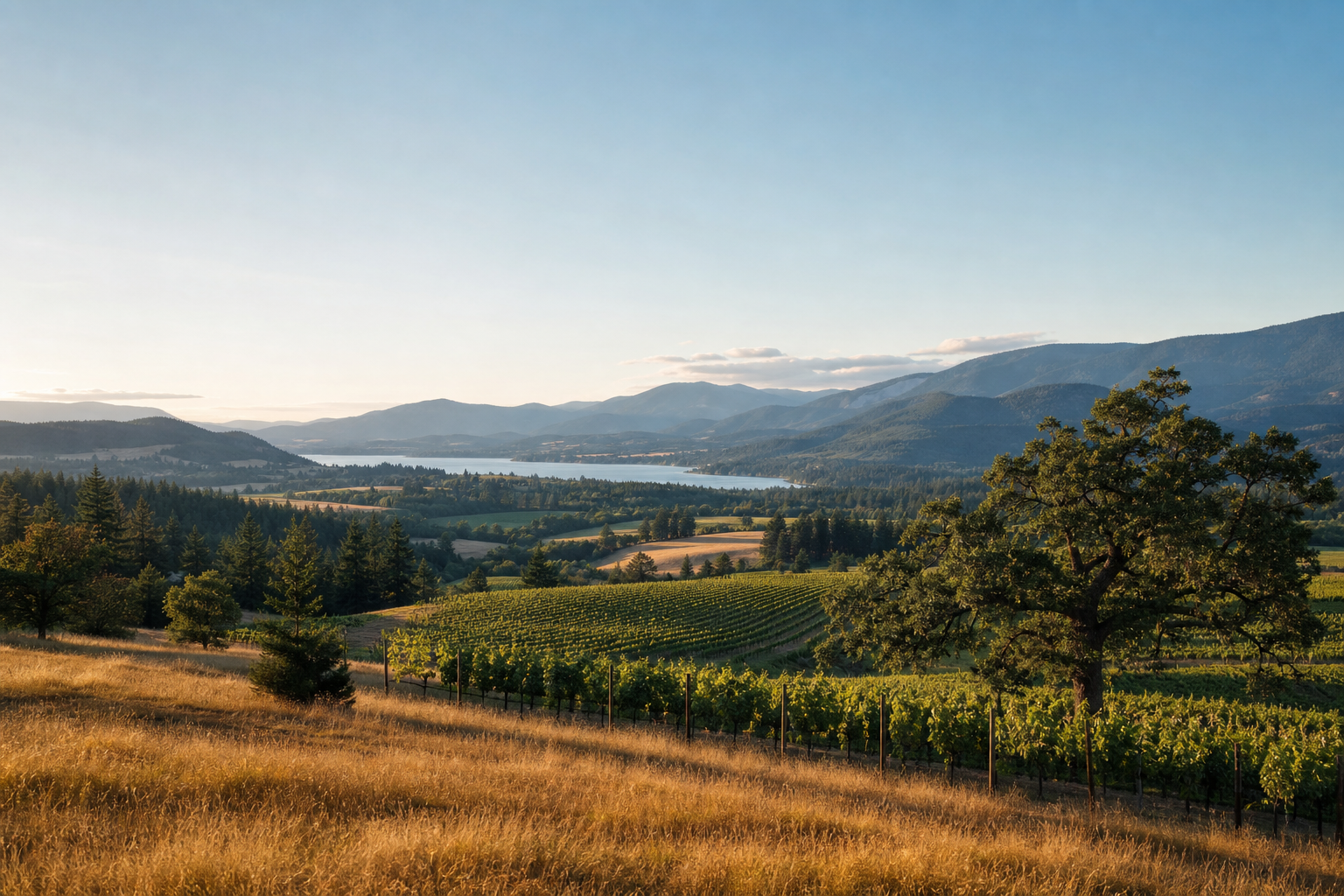 Cowichan Valley vineyards and Garry oak hillside with lake and mountains in the distance